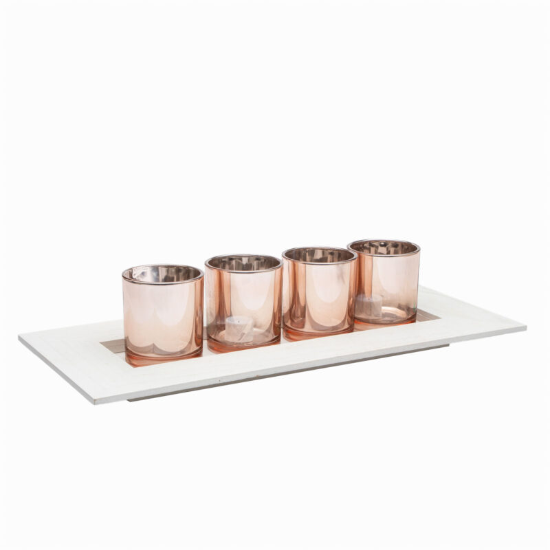 WOODEN TRAY WITH 4 PINK GLASS CANDLE HOLDERS