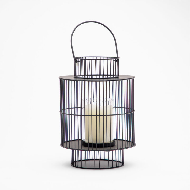 BLACK LARGE WIRE LANTERN WITH GLASS CANDLE HOLDER - Image 2