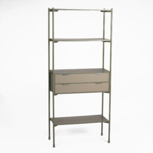 DARK GREEN MDF AND METAL BOOKCASE WITH TWO DRAWERS