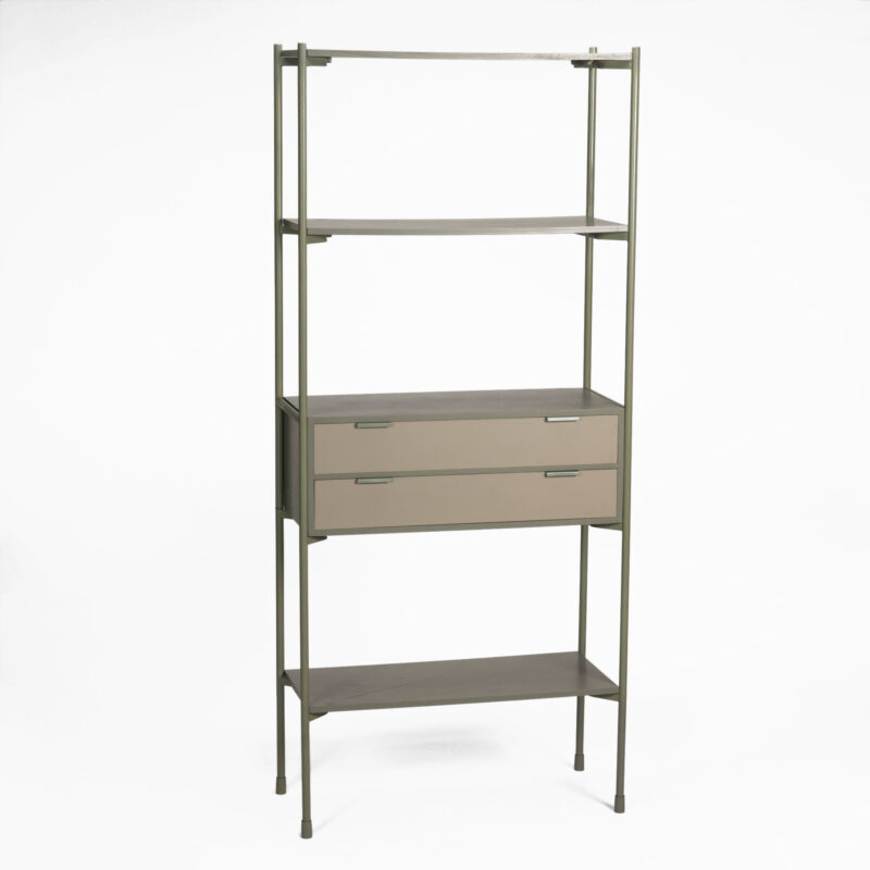 DARK GREEN MDF AND METAL BOOKCASE WITH TWO DRAWERS