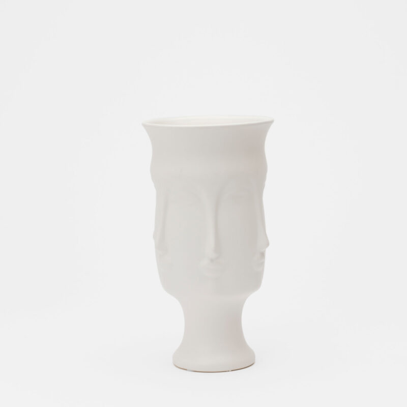 WHITE CERAMIC FLOWER VASE WITH FACES DESIGN