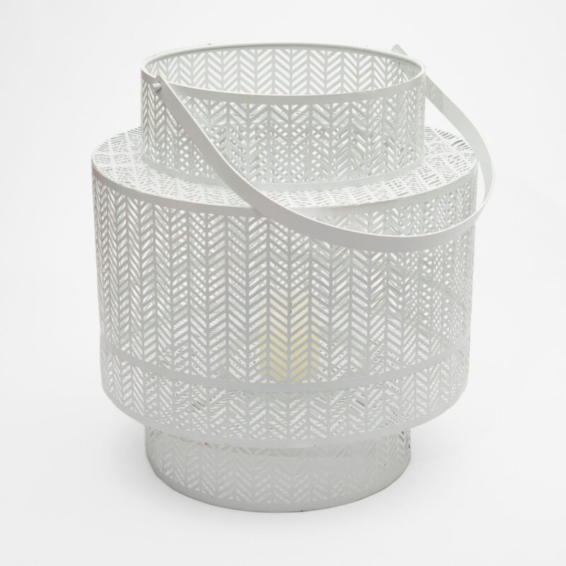LARGE WHITE METAL LANTERN WITH GLASS CANDLE HOLDER
