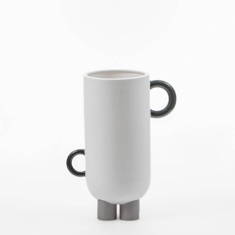 WHITE CERAMIC VASE WITH BLACK HANDLES