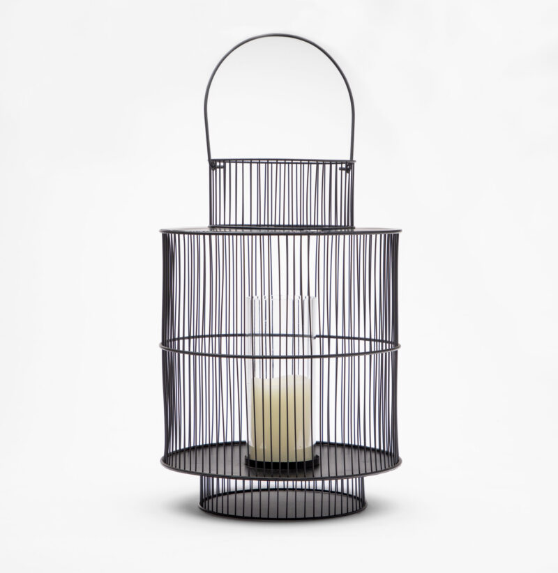 BLACK LARGE WIRE LANTERN WITH GLASS CANDLE HOLDER - Image 3