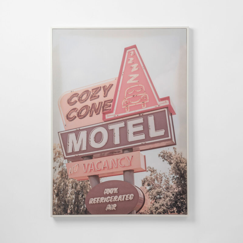 COZY CONE RETRO HOTEL SIGN FRAMED CANVAS