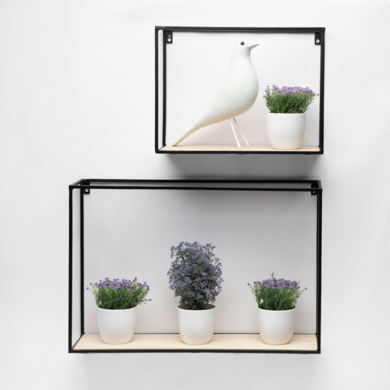 SET OF TWO IRON FRAME AND WOOD WALL MOUNTED SHELVES - Image 2