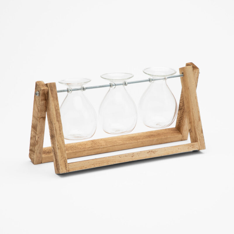 THREE GLASS BOTTLE VASE WITH WOOD STAND