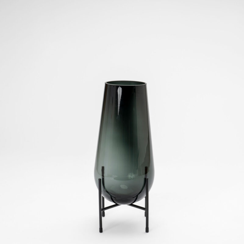 BLACK GLASS DECORATIVE VASE WITH BLACK METAL BASE