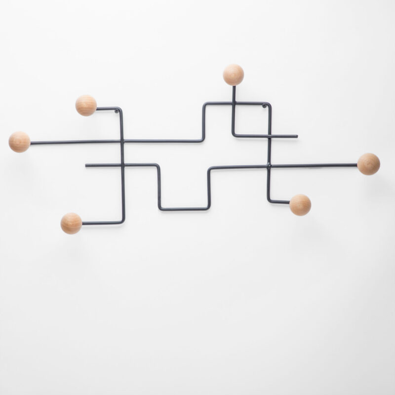 WOOD AND METAL FRAME WALL MOUNTED COAT RACK AND HOOKS