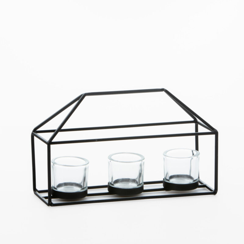 BLACK METAL HOUSE WITH 3 GLASS CANDLE HOLDERS