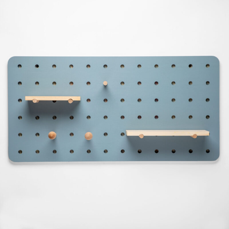 RECTANGULAR WOODEN PEGBOARD WITH STICKS AND SHELVES