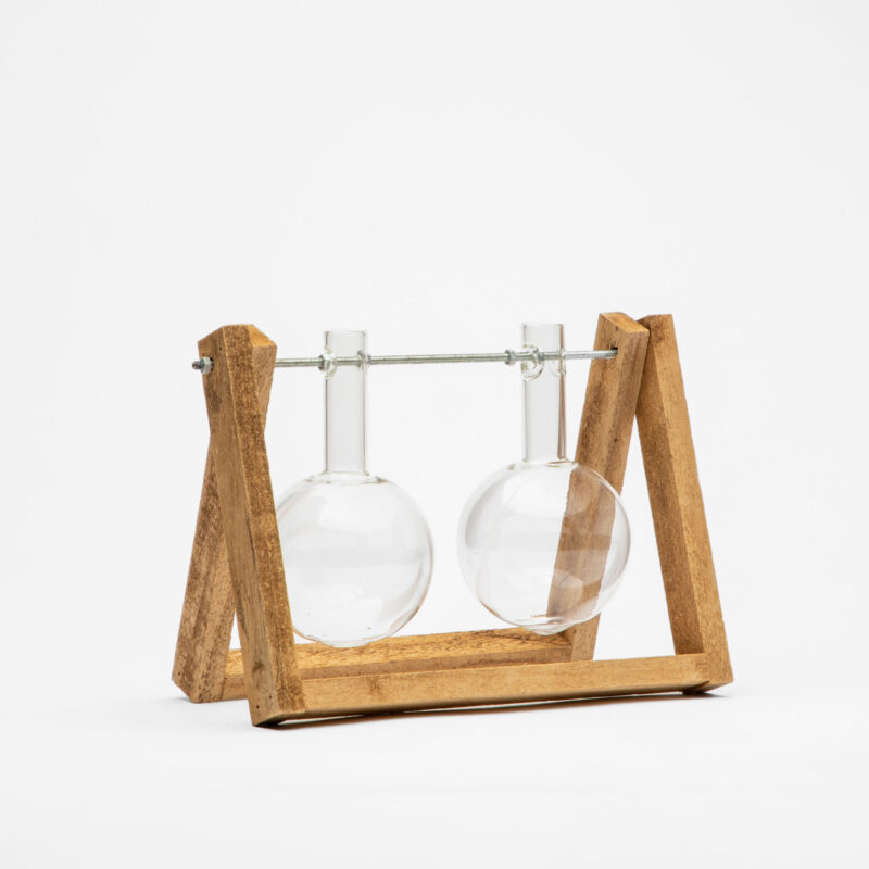 TWO GLASS BOTTLE VASE WITH WOOD STAND