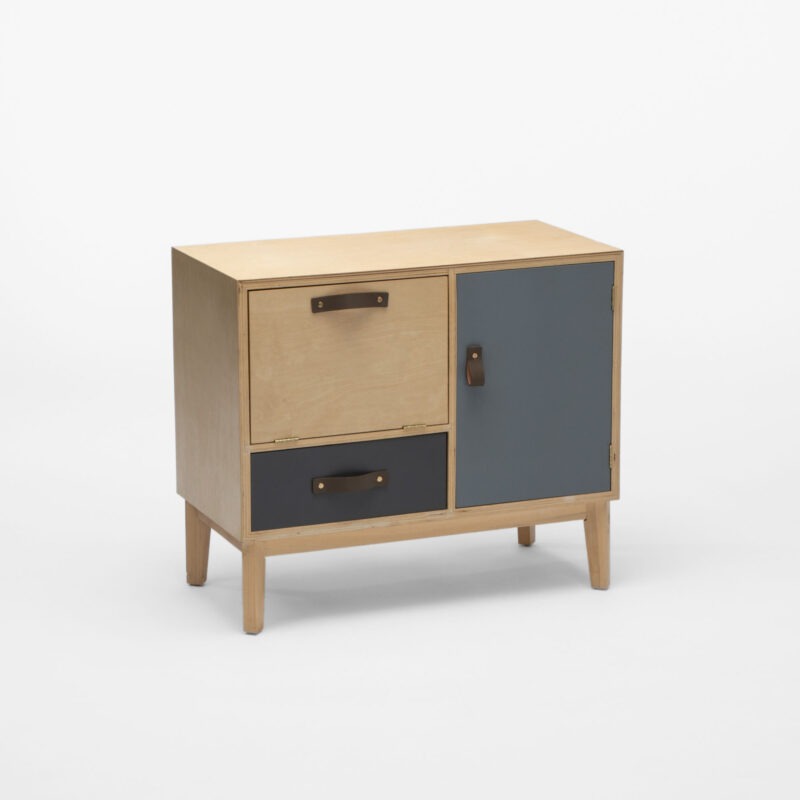 BIRCH WOOD AND MDF STORAGE CABINET WITH LEATHER HANDLES