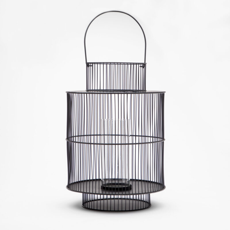 BLACK LARGE WIRE LANTERN WITH GLASS CANDLE HOLDER
