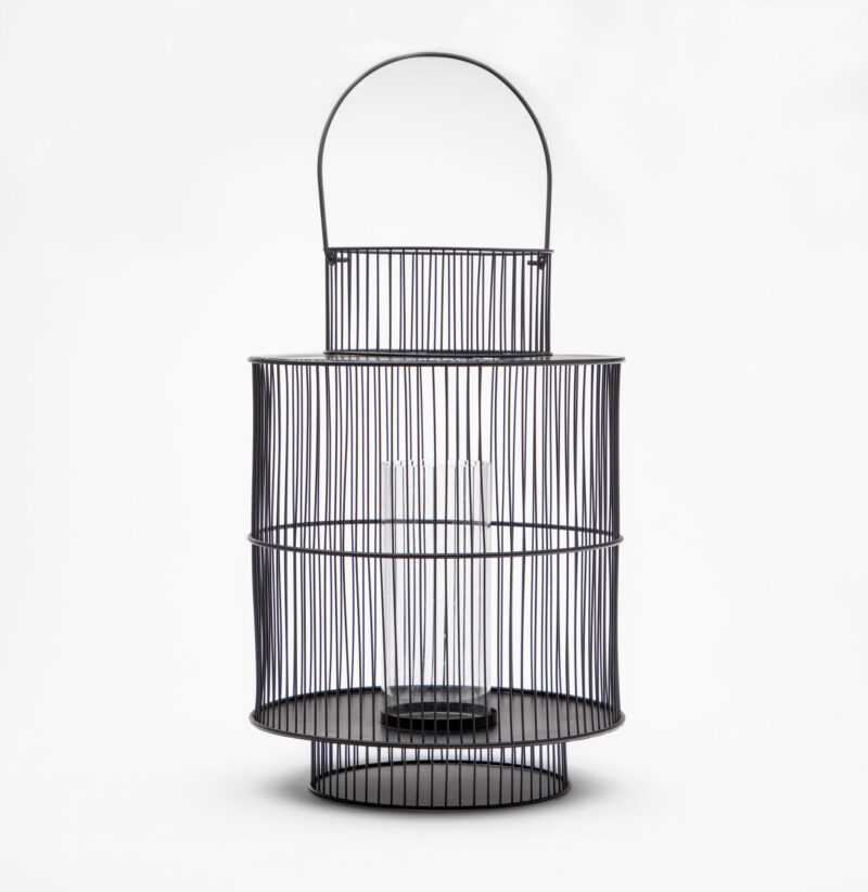 BLACK LARGE WIRE LANTERN WITH GLASS CANDLE HOLDER