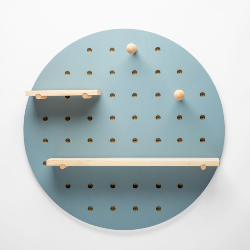 ROUND WOODEN PEGBOARD WITH STICKS AND SHELVES