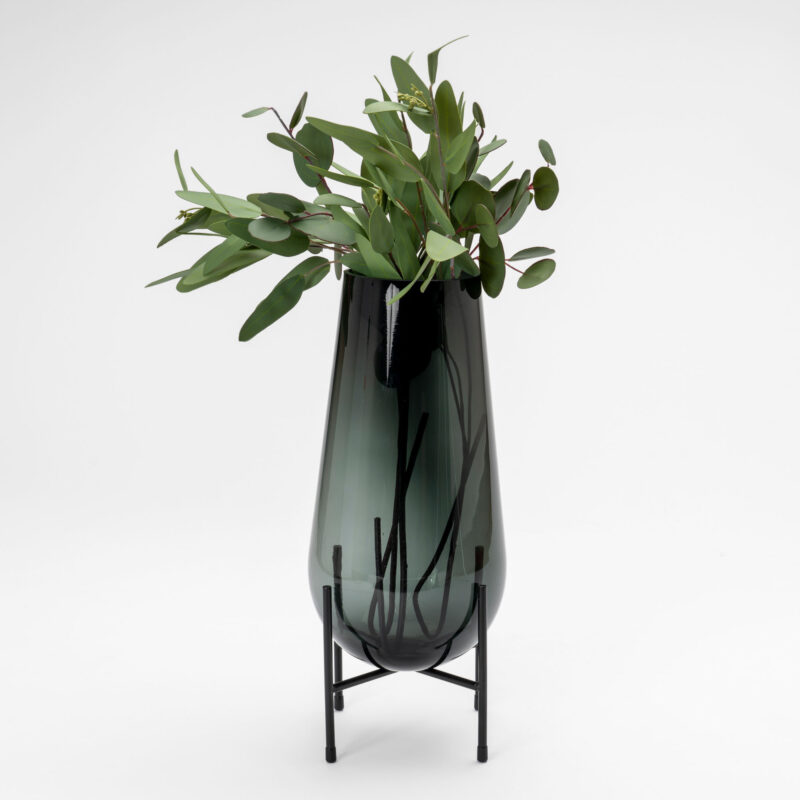 BLACK GLASS DECORATIVE VASE WITH BLACK METAL BASE - Image 2