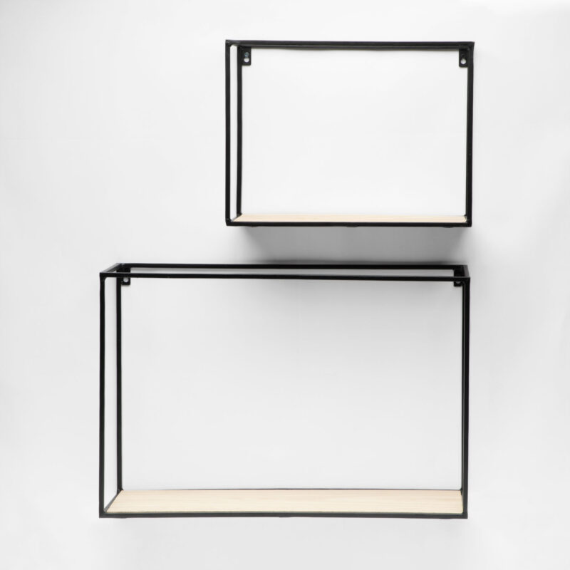 SET OF TWO IRON FRAME AND WOOD WALL MOUNTED SHELVES