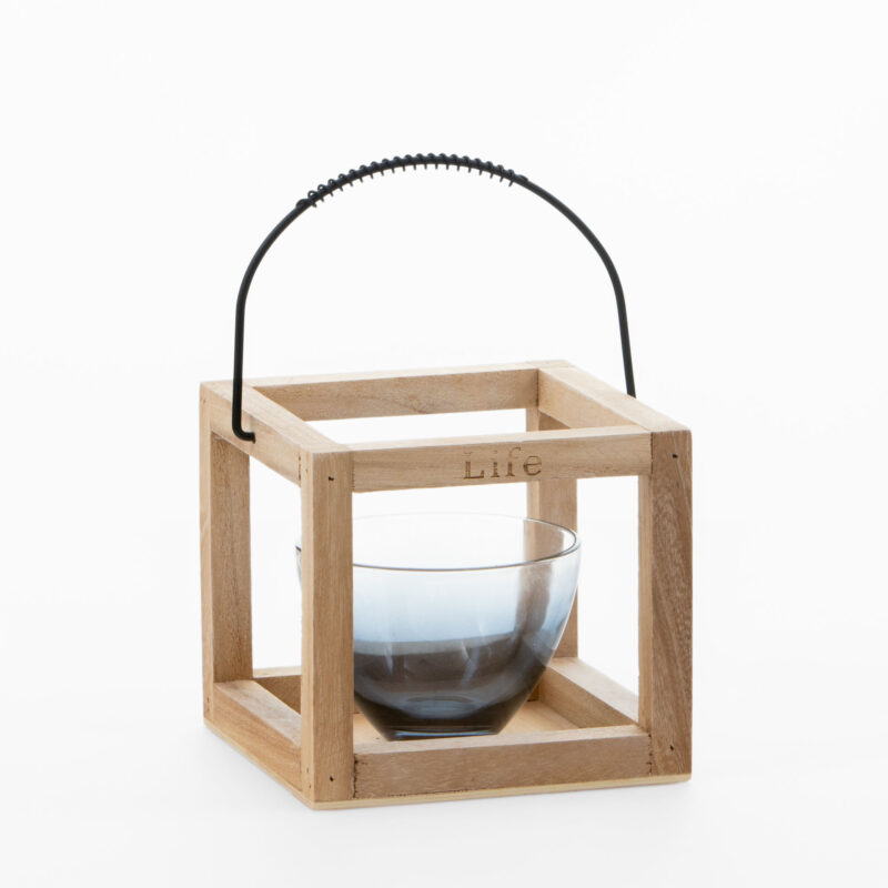WOOD LANTERN WITH A BLUE GLASS BOWL