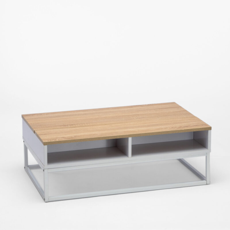 WOOD AND WHITE MELANINE COFFEE TABLE WITH STORAGE AND METAL FRAME