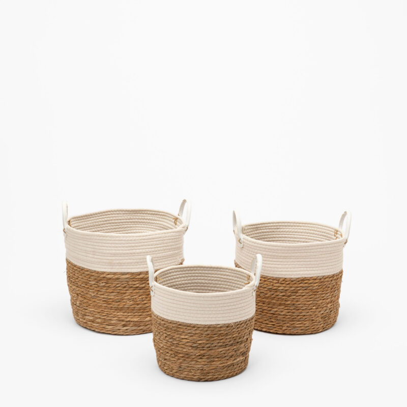 SET OF THREE WOVEN BASKET NATURAL AND WHITE COLOR