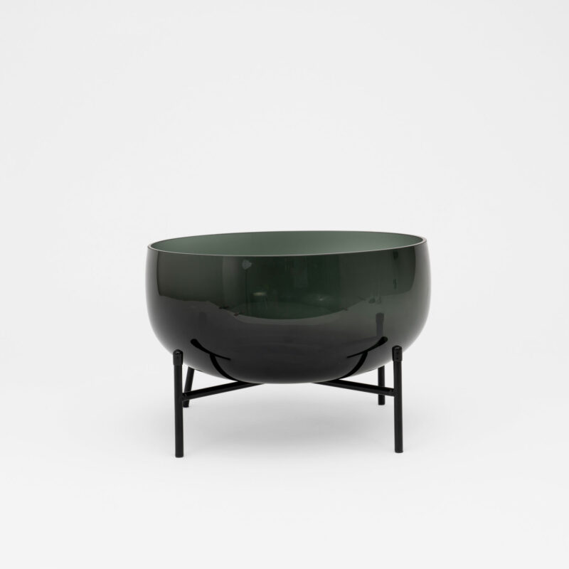 BLACK GLASS DECORATIVE VASE WITH BLACK METAL BASE