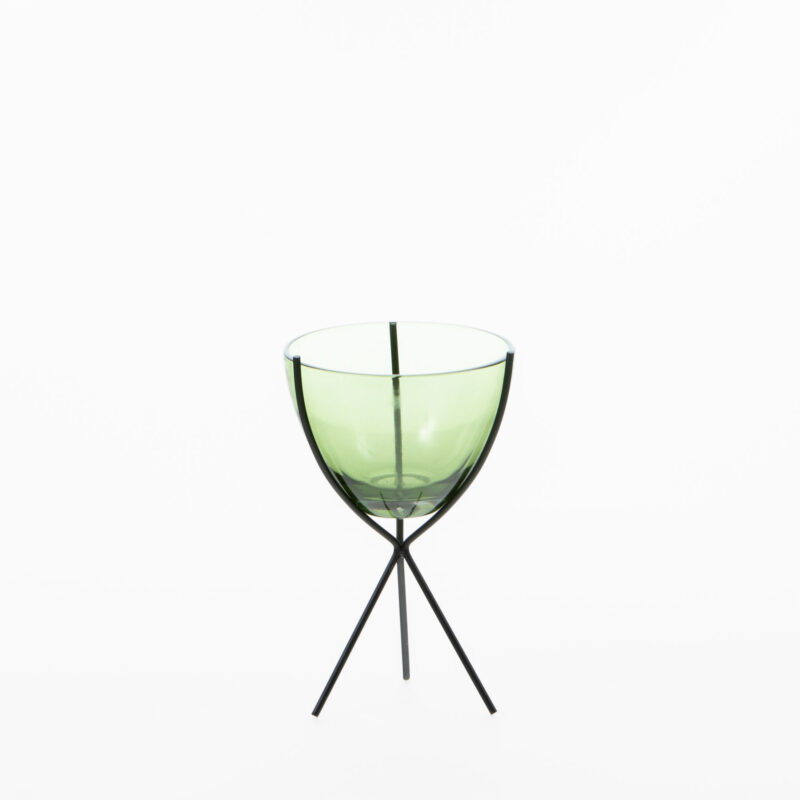 GREEN GLASS CANDLE HOLDER WITH METAL LEGS