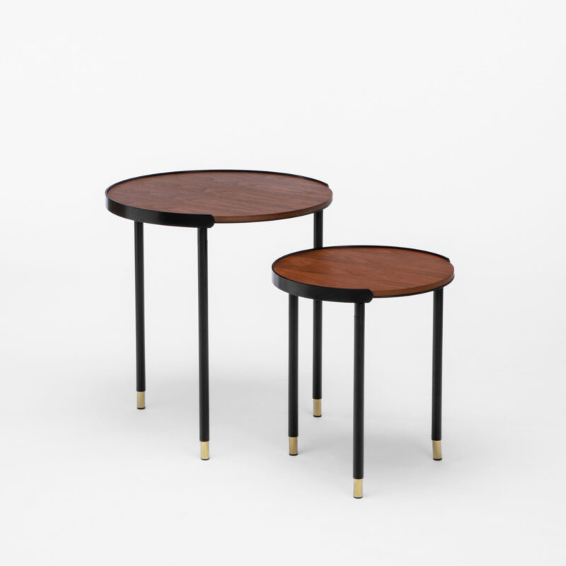 WOODEN TOP WITH METAL FRAME AND LEGS ROUND NESTING TABLES