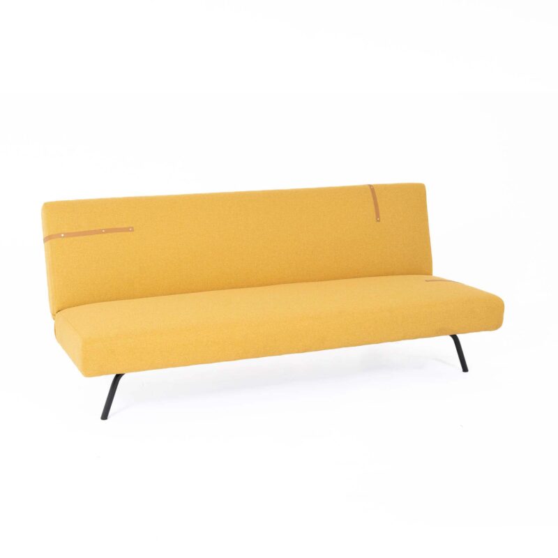 FABRIC SLEEPER SOFA WITH LEATHER DETAILS AND METAL LEGS