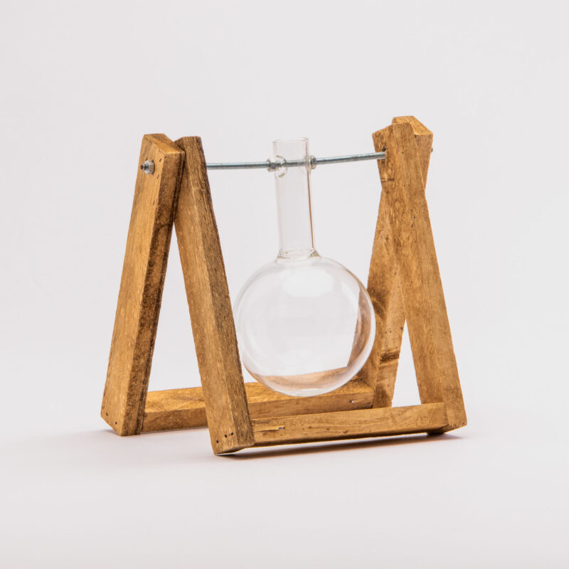 GLASS BOTTLE VASE WITH WOOD STAND