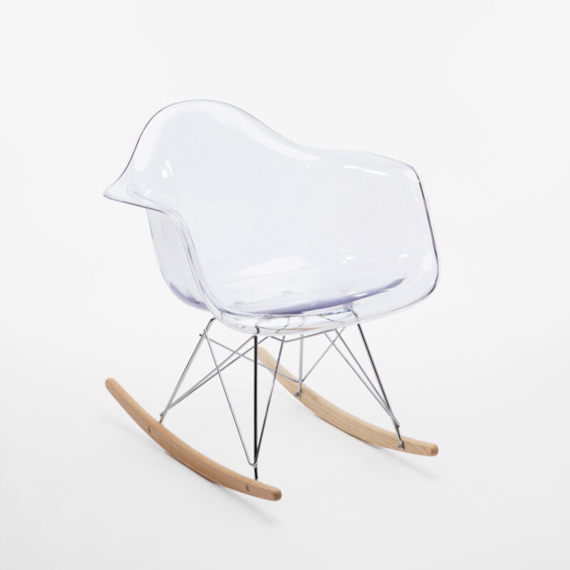 CLEAR ACRYLIC ROCKING CHAIR WITH METAL LEGS AND WOODEN ROCKERS