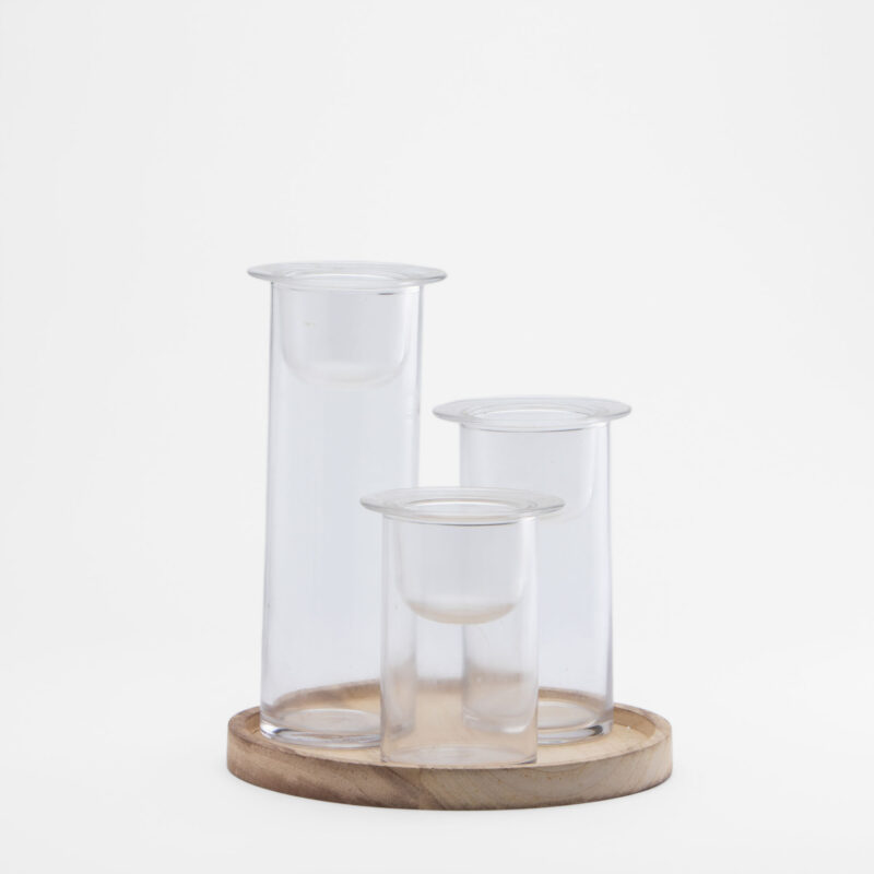 WOODEN TRAY WITH 3 GLASS CANDLE HOLDERS