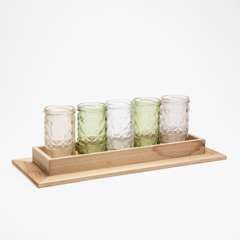 WOODEN TRAY WITH 5 GLASS CANDLES HOLDER