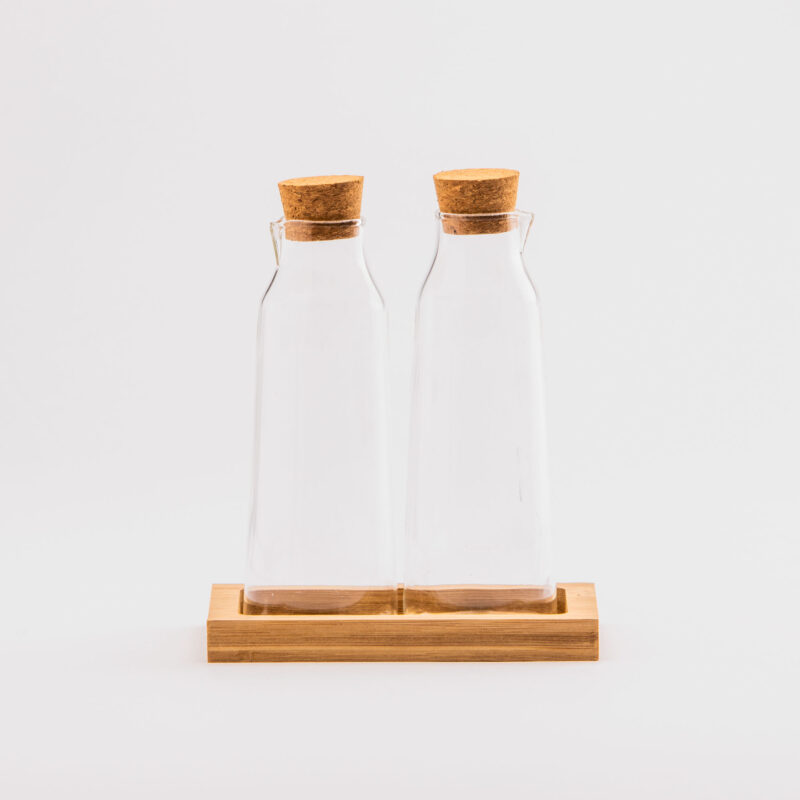 TABLE TOP SET OF TWO GLASS BOTTLES FOR VINEGAR  OIL WITH CORK STOPPERS AND BAMBOOK TRAY
