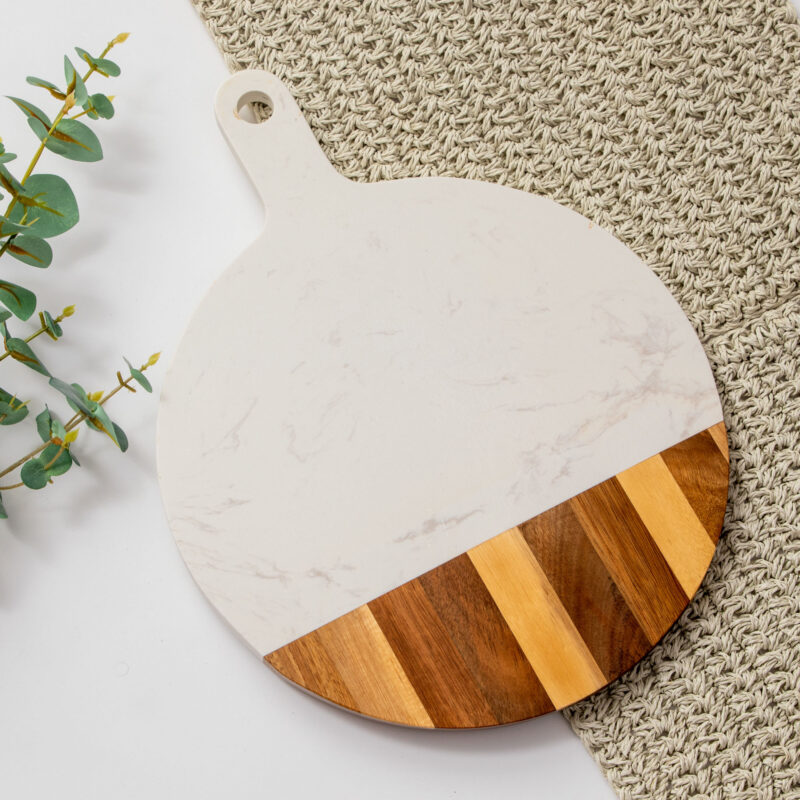 ROUND WOOD AND MARBLE CHOPPING AND SERVING BOARD
