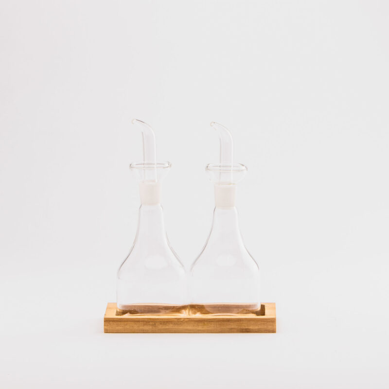 VINEGAR  OIL GLASS 200ml BOTTLES ON BAMBOO TRAY SET