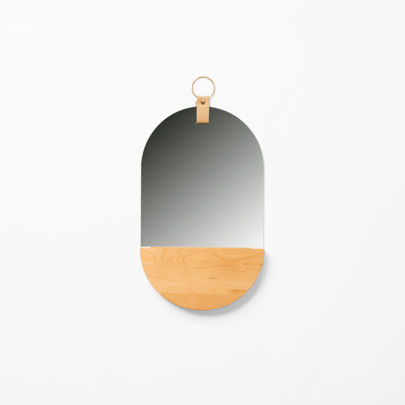 WALL OVAL MIRROR WITH WOODEN FRAME AND HANGING LEATHER STRAP