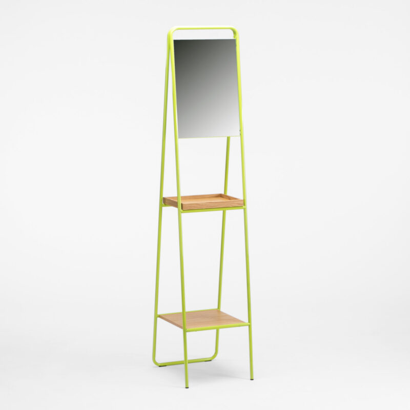 GREEN METAL FRAME FLOOR MIRROR WITH TWO SHELVES