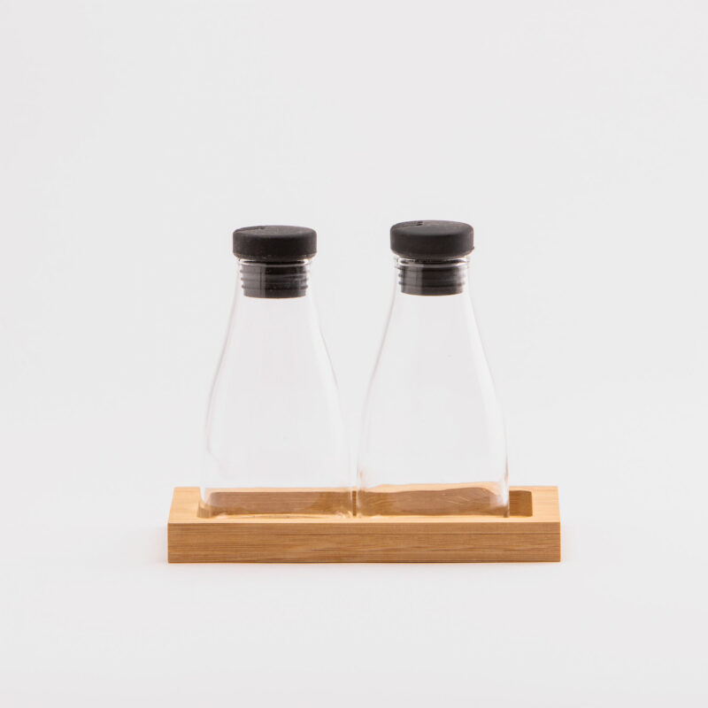 SALT  PEPPER GLASS SHAKERS WITH SILICONE CAPS ON BAMBOO TRAY SET
