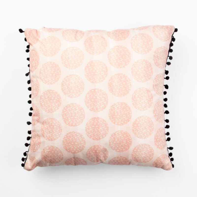 PINK AND WHITE SQUARE DECORATIVE CUSHION WITH POM-POMS
