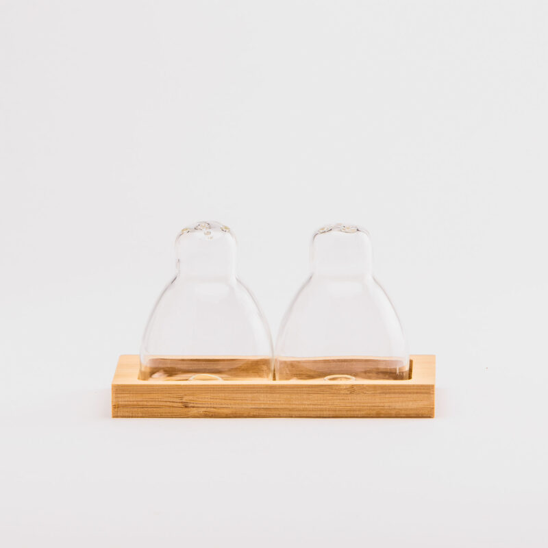 SALT  PEPPER GLASS SHAKERS WITH BAMBOO TRAY
