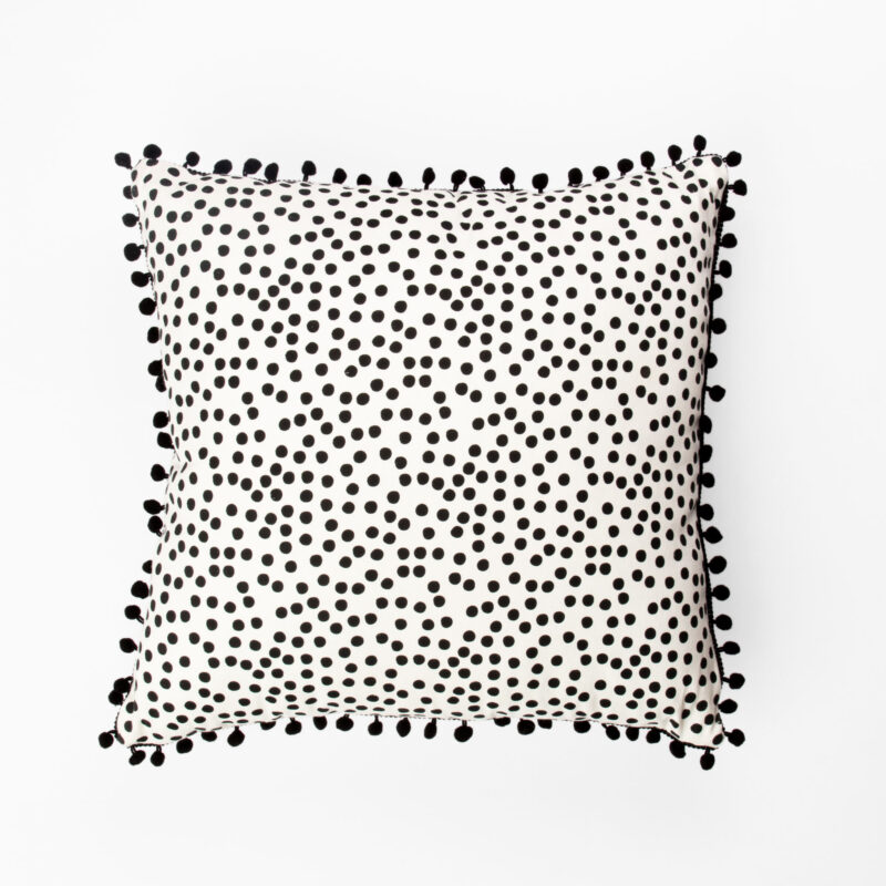 BLACK AND WHITE SQUARE DECORATIVE CUSHION WITH POM-POMS