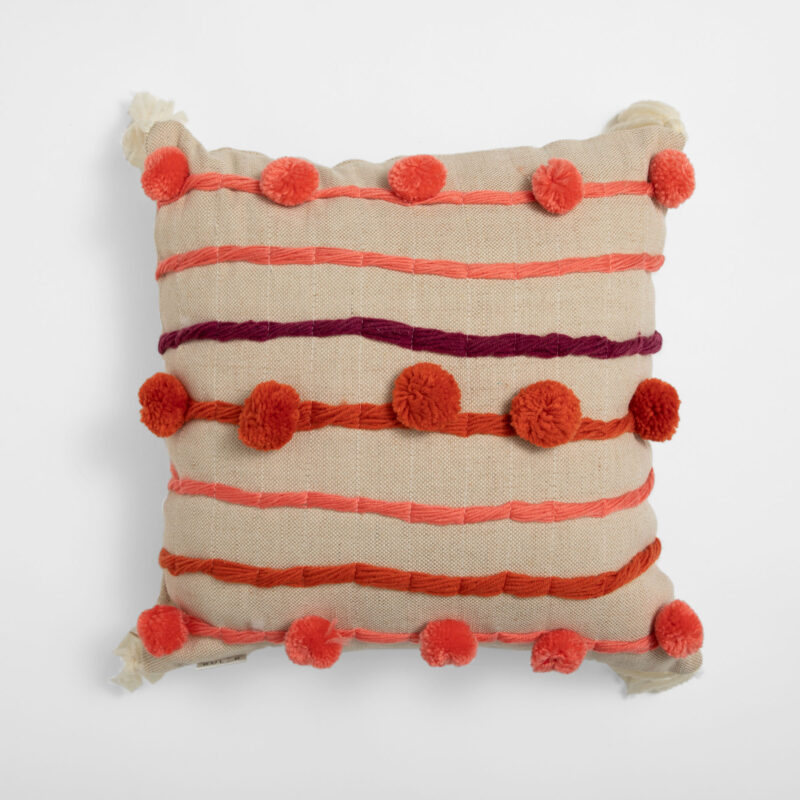CREAM AND ORANGE SQUARE DECORATIVE CUSHION WITH POM-PONS