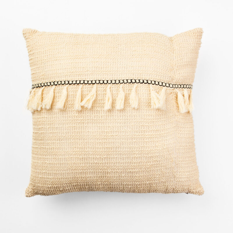 BEIGE SQUARE DECORATIVE CUSHION WITH TASSELS