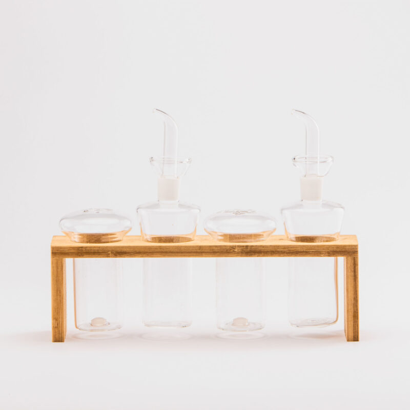 GLASS VINEGAR,OIL, SALT  PEPPER BOTTLES ON BAMBOO STAND