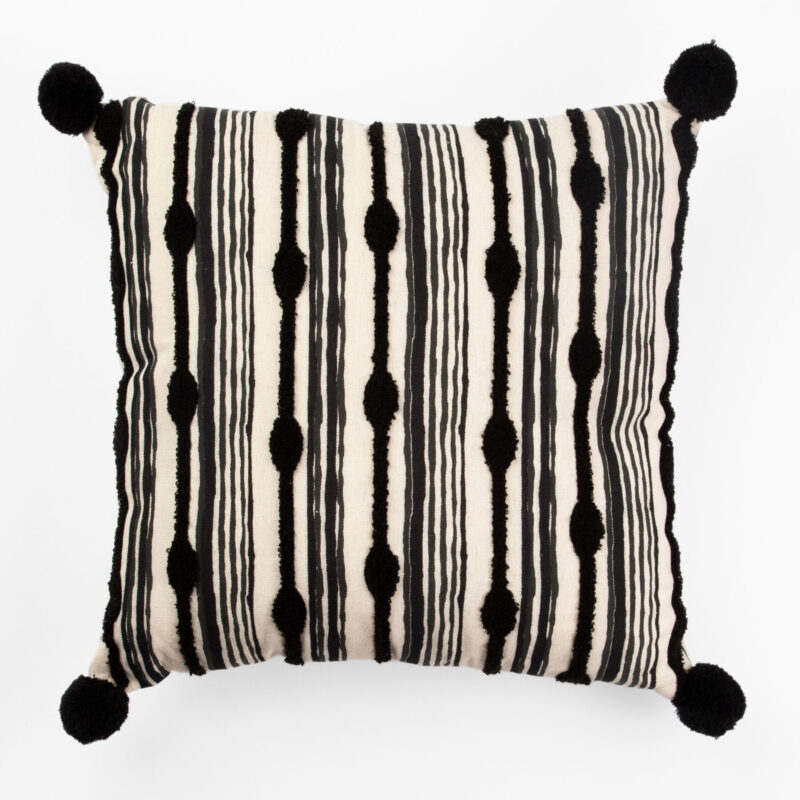 BLACK AND WHITE SQUARE DECORATIVE CUSHION WITH POM-POMS