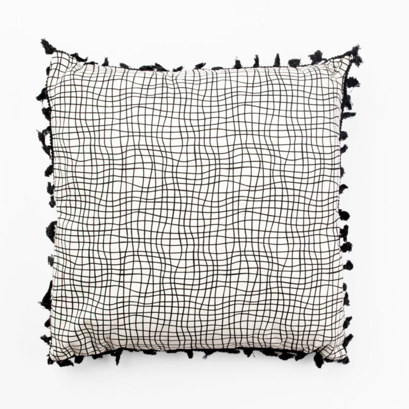 BLACK AND WHITE SQUARE DECORATIVE CUSHION WITH POM-POMS