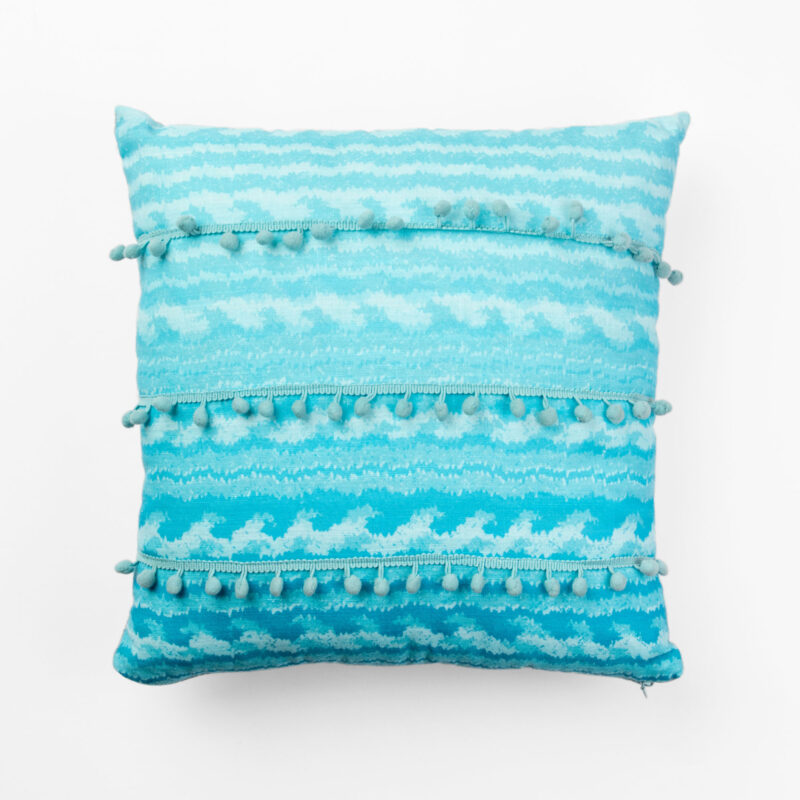 BLUE SQUARE DECORATIVE CUSHION WITH POM-POMS
