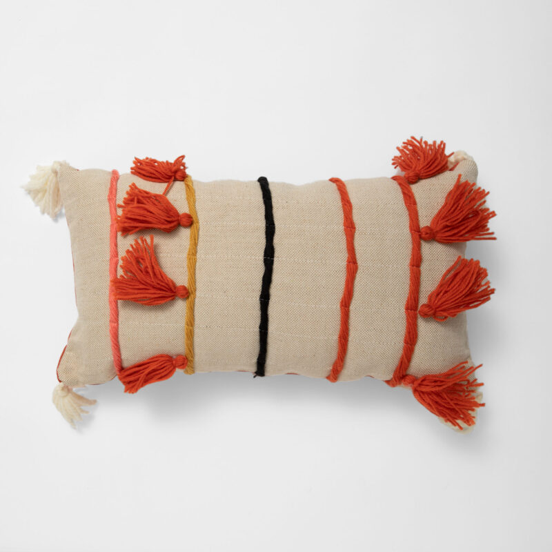 CREAM AND ORANGE DECORATIVE RECTANGULAR CUSHION WITH TASSELS