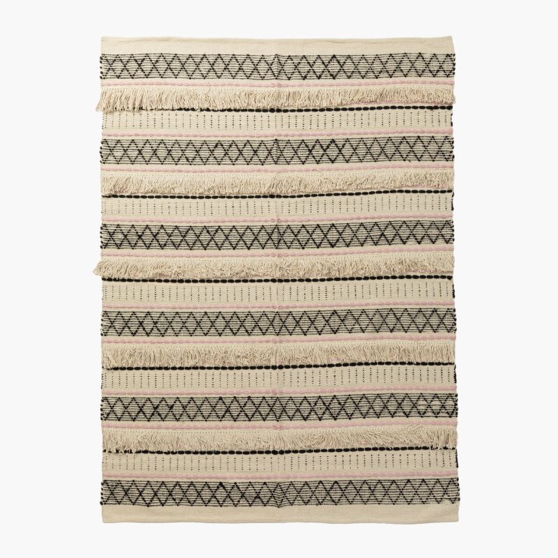 BLACK, PINK AND NATURAL CREAM STRIPED AREA RUG